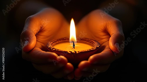 Cupped Hands Hold Glowing Diya in the Darkness