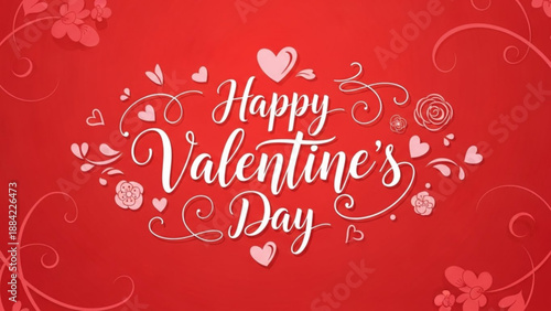 Happy valentine's day greeting card with white hearts and flowers on red background for love and romance