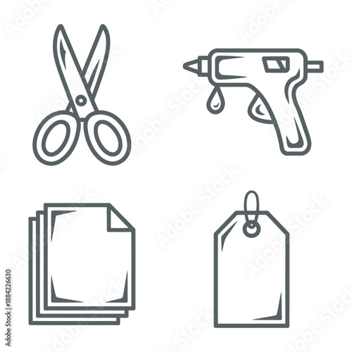 Creative Craft and DIY Hobby Icons - Scissors, Glue Gun, Paper, and Price Tag