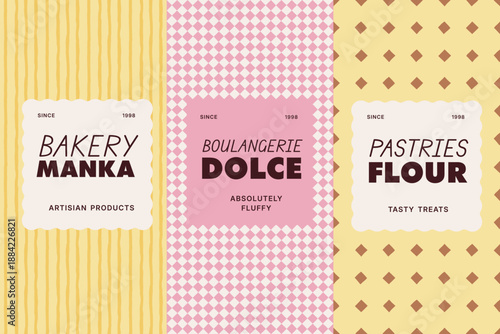 Bakery seamless pattern and label design set for artisan bread and pastry packaging