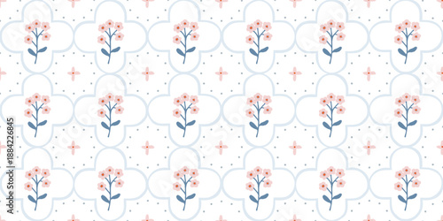 Cottagecore floral trellis seamless pattern with vintage wildflower bouquets and garden borders. Decorative wrapping paper and textile backgrounds