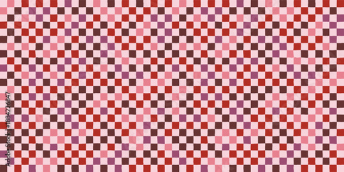 Seamless hand-drawn checkerboard pattern with small squares in red and plum. Background with squares. Banner