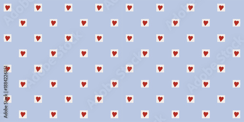 Seamless valentine geometric grid pattern with red hearts on pink and white plaid background