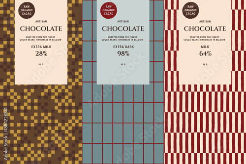 Set of seamless patterns for chocolate packaging with artisan label design templates. Confectionery branding. Wrapping paper