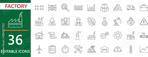 Modern Outline icons of factory , buildings, industrial , power,  smart,  manufacturing, energy, plants, and warehouse logistics.