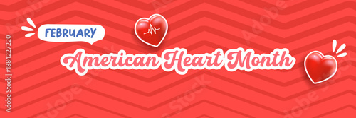 American Heart Month February banner vector illustration, creative 3D red heart with heartbeat pulse on a wavy background, medical awareness and cardiovascular health promotion. Heart Month logo
