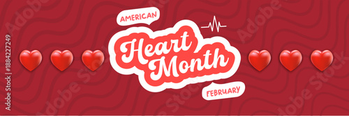 American Heart Month February banner vector illustration, creative 3D red heart with heartbeat pulse on a wavy background, medical awareness and cardiovascular health promotion. Heart Month logo