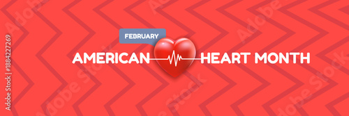 American Heart Month February banner vector illustration, creative 3D red heart with heartbeat pulse on a wavy background, medical awareness and cardiovascular health promotion. Heart Month logo
