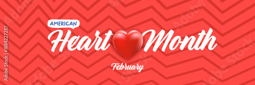 American Heart Month February banner vector illustration, creative 3D red heart with heartbeat pulse on a wavy background, medical awareness and cardiovascular health promotion. Heart Month logo