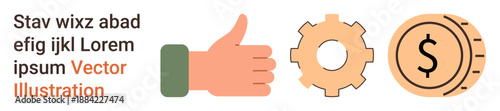 Business processes, teamwork, finance, productivity, positive feedback, and wealth. Thumbs up, gear and coin with dollar symbol. Business processes and finance concept