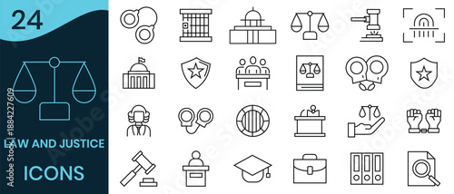 Law and Justice line icon .Out line icon of prison, justice, judgement, lawyer, criminal and more court legal, Containing Law, . Vector illustration.