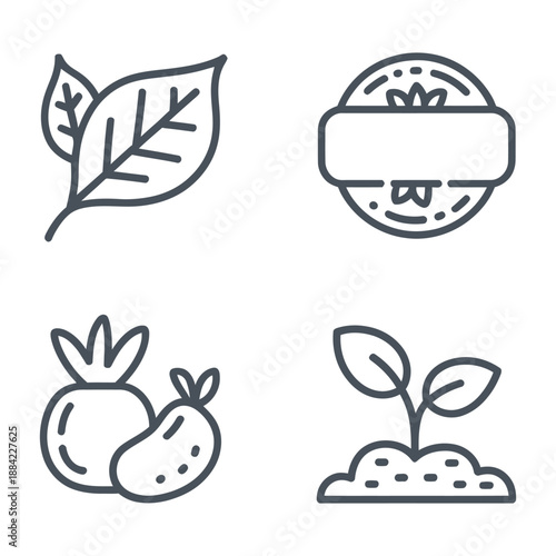 Organic Farming and Gardening Harvest Icons - Leaf, Potato, Sprout, and Label