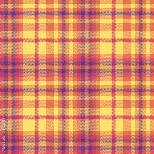 Purity pattern tartan textile, fuzzy texture fabric seamless. Show background check plaid vector in red and yellow colors.