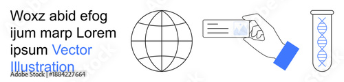 Identity verification, global connectivity, biotechnology, DNA analysis, digital authentication, and modern science. Globe, hand holding ID card test tube with DNA. Identity verification and global