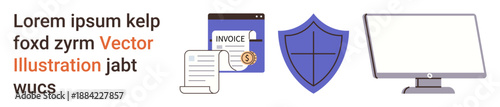 Online billing, digital security, finance management, protection protocols, payment systems, technology usage. Icons showing invoice, shield and computer. Online billing and digital security