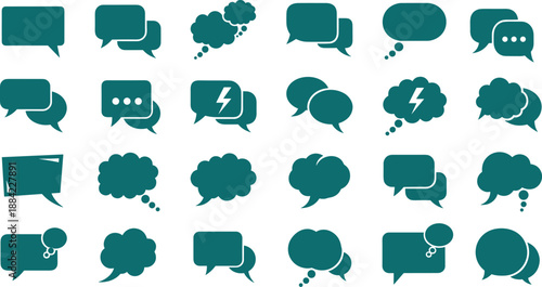 Speech and thought bubble icon set, teal communication symbols grid, dialogue UI elements collection, flat vector illustration