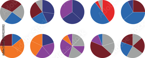 Colorful pie chart infographic set, segmented data visualization template, business analytics graphic collection, circular graph layout, flat vector illustration