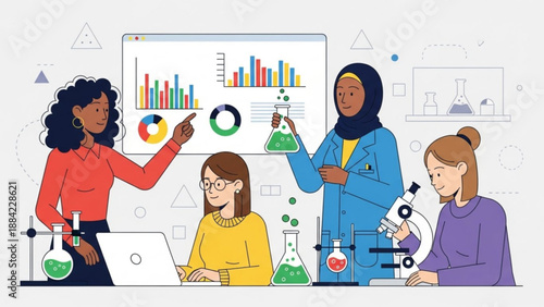 Diverse women in lab coats and casual wear collaborating on science project with graphs and equipment