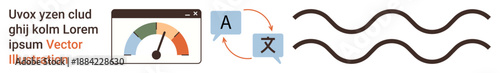 Language services, translation tools, speed optimization, text processing, digital communication, automated systems. Language icons, arrows and waves. Language services and translation tools concept