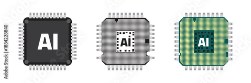 Artificial intelligence AI processor chip icon set with electronic circuit design, computer microchip vector illustration.