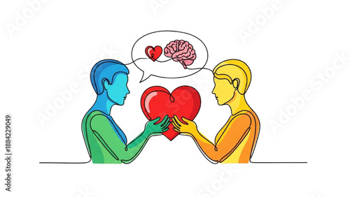 High-Quality Continuous Line Colorful Icons of Shared Heart Support, Two Figures Holding Heart, Heart-Brain Communication