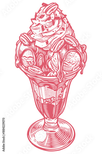 An ice cream sundae in a glass with whipped cream, sauce, and pecans. Vector hand-drawn illustration in a vintage engraving style, isolated on white.