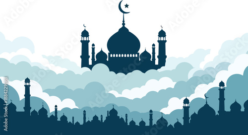 Dark blue mosque silhouettes rise through layers of light blue and white clouds