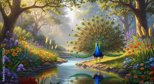 Majestic peacock spreads vibrant feathers in serene forest setting by the river
