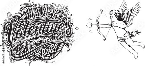 Black and white vector illustration of cupid with bow and “Happy Valentine’s Day” decorative text design