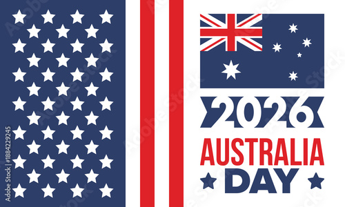Australia Day. National happy holiday, celebrated annual in January 26. Australian patriotic elements.  Kangaroo silhouette. Poster, card, banner and background. Vector illustration