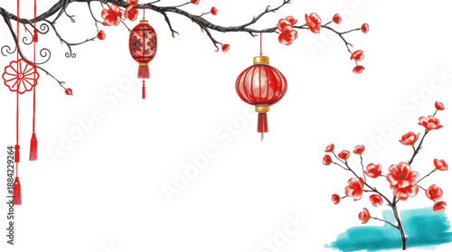 Vibrant Red Chinese Lanterns and Plum Blossoms on Dark Branches with Traditional Knot Illustration