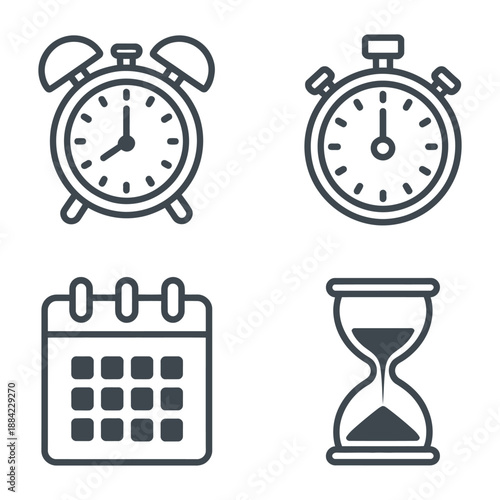 Time Management and Productivity Icons - Clock, Stopwatch, Calendar, and Hourglass