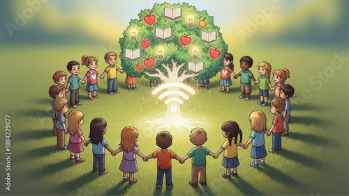 Kids around Wi-Fi tree of knowledge