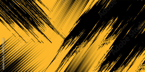 Halftone yellow dots pattern and black gradient grunge texture background. Dotted line comic sport style vector illustration.
