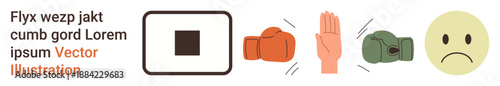 Conflict management, emotional response, communication, boundaries, violence prevention, relationships. Boxing gloves, stop hand sign sad face icons in sequence. Conflict management and emotional