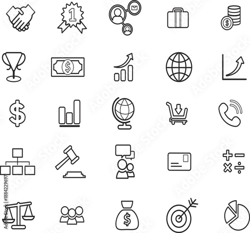 Modern outline finance icons collection, simple stroke design, black line vector set featuring investment, analytics, balance scale, coins, credit card, phone, leadership, profit graph, scalable SVG s