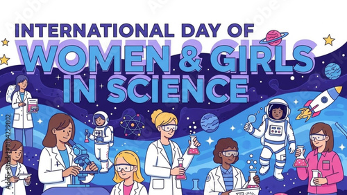 International day of women and girls in science illustration with diverse scientists in lab coats and astronaut in space background