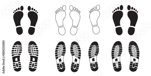  Human Footprint and Boot Sole Vector Set - Barefoot and Shoe Print Silhouette Icons