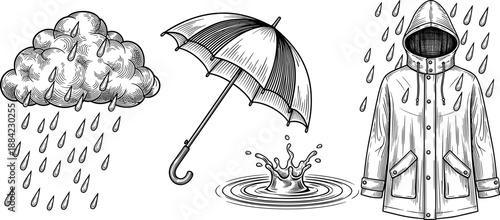 Rain cloud, umbrella, puddle splash, raincoat illustration, rainy weather icons, black and white vector, monsoon season, waterproof gear, stormy day, wet climate