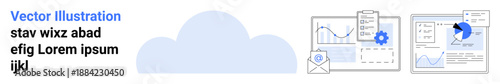 Cloud computing, data analysis, business analytics, workflow optimization, digital reports, and technology trends. Visual of charts, graphs a gear icon and reports in a cloud-based interface. Cloud