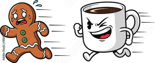 Cartoon, gingerbread, coffee mug, chase, funny, food, character, illustration, vector, running, motion, icing, buttons, sweat, winking, grin, anthropomorphic, playful, whimsical, scene