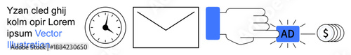 Online advertising, digital marketing, pay per click, email communication, time management, e-commerce. A clock, envelope hand clicking an ad with a dollar icon. Digital marketing and online