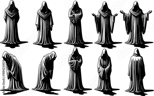 Mystical hooded robed figures in dramatic poses, black and white illustration, ritualistic character design, shadowy cloaked silhouettes, concept art for secrecy