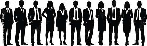 Group of professional business people silhouettes standing together in formal suits isolated on white background for corporate, teamwork, and leadership concepts
