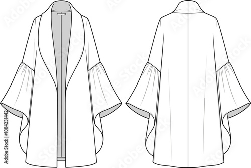 Fashion, illustration, technical, coat, open front, flared sleeves, shawl collar, gathered, asymmetrical, hemline, silhouette, garment, design, vector, flat, sleeve detail, front view, back view, 
