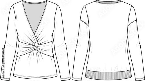 Fashion, illustration, technical, top, long sleeve, V-neck, twist knot, waist detail, fitted, garment, front, back, silhouette, round neckline, curved hem, gathering, apparel, design, vector, flat