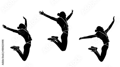 Silhouette of a woman jumping in a hoodie. Vector illustration of happy poses.
