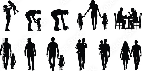 Family silhouettes collection showing parents and children caring, walking, playing and bonding together, daily life moments isolated on white background