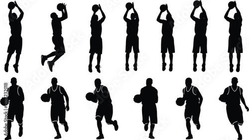 Basketball player silhouettes set showing jumping shots, dribbling and athletic poses, male sports figures isolated on white background for design use