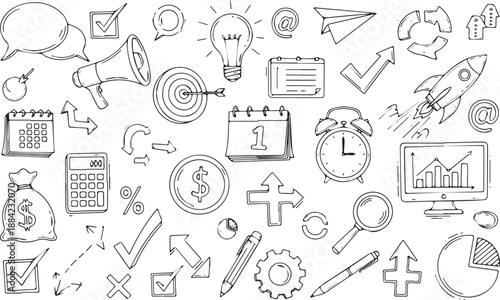 Business and Finance Icons Collection Doodle Style.